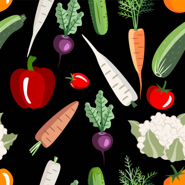 illustrazioni stock, clip art, cartoni animati e icone di tendenza di vettore - verdure senza cuciture. - cauliflower vegetable black illustration and painting