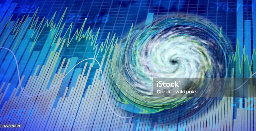 Turbulent Market Turbulent market and financial turbulence or investing crisis security concept as a volatile stock market with price volatility as a storm disturbing the economy with 3D illustration elements. Hurricane - Storm Stock Photo