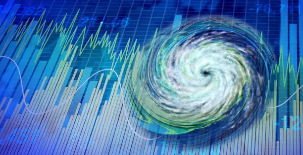 Turbulent market and financial turbulence or investing crisis security concept as a volatile stock market with price volatility as a storm disturbing the economy with 3D illustration elements.