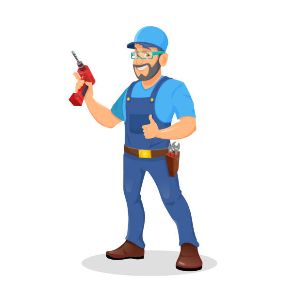 ремонтник держит электрическую отвертку и улыбается - screwdriver isolated blue work tool stock illustrations
