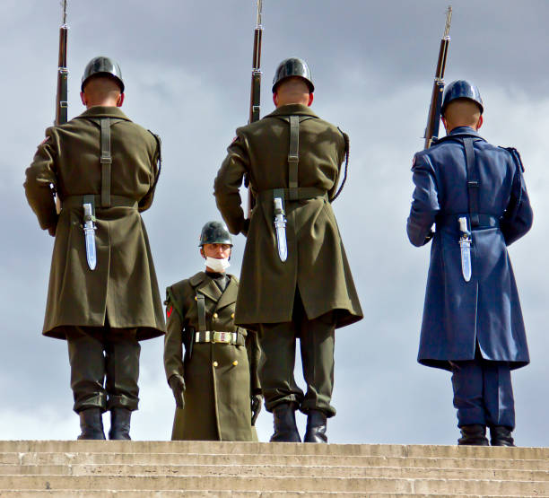Ankara, Turkey - April 11,2022 : View of Anitkabir Mausoleum of Ataturk. There are Turk soldiers at military ceremony watch. People watch the ceremony and visiting the Great Leader Ataturk in his grave to convey his love and respect. Anıtkabir (literally, \