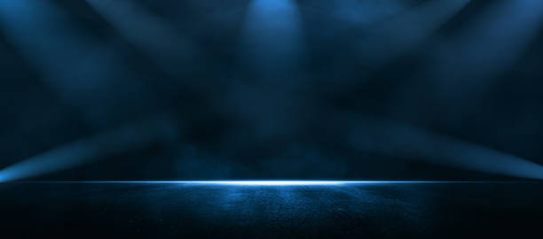 istock Empty scene with blue neon light. Asphalt blue street with smoke. 1397579516
