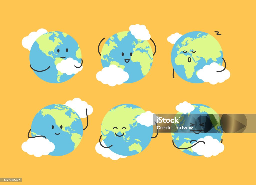 R Rls Cartoon Cartoon Different Cute Globe Earth Characters Set Vector Stock ...