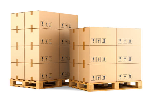 istock Warehouse: cardboard boxes on pallets isolated on white 1397584160