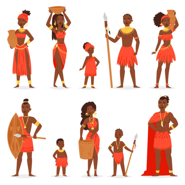 afrikanisches volk vektor schwarzer mann schöne frau charakter in tra - masai africa dancing african culture stock-grafiken, -clipart, -cartoons und -symbole