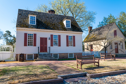 Williamsburg, Virginia, USA: 29th March 2021; A beautiful colonial style house in historic Williamsburg