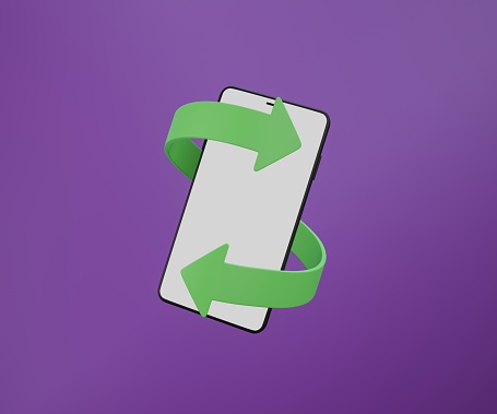 Minimal blank screen smartphone with simple green arrow rotate around on purple background 3D rendering illustration