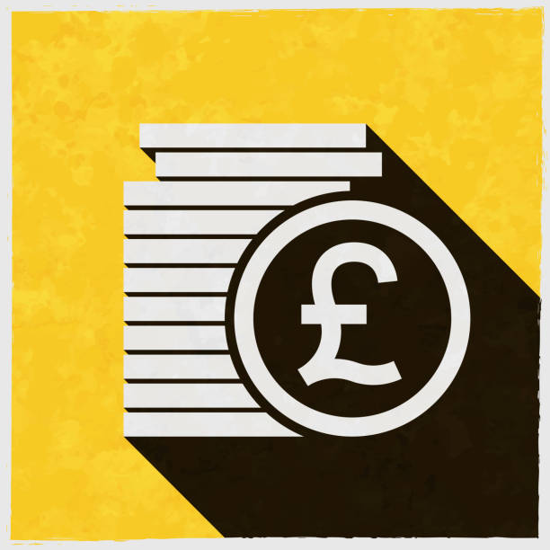 illustrazioni stock, clip art, cartoni animati e icone di tendenza di pile di monete in sterline. icona con ombra lunga su sfondo giallo strutturato - british currency pound symbol currency stack