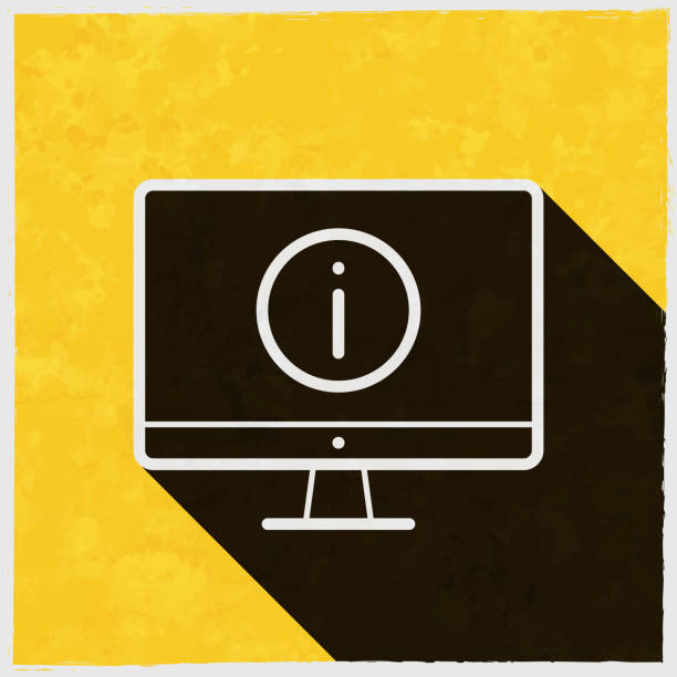정보 기호가 있는 데스크톱 컴퓨터입니다. 질감이 있는 노란색 배경에 긴 그림자가 있는 아이콘 - letter i sign dirty grunge stock illustrations