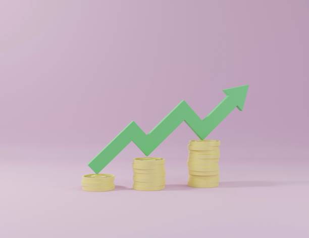 istock Green up arrow and coin stacks on pink background 3D render illustration 1397594200