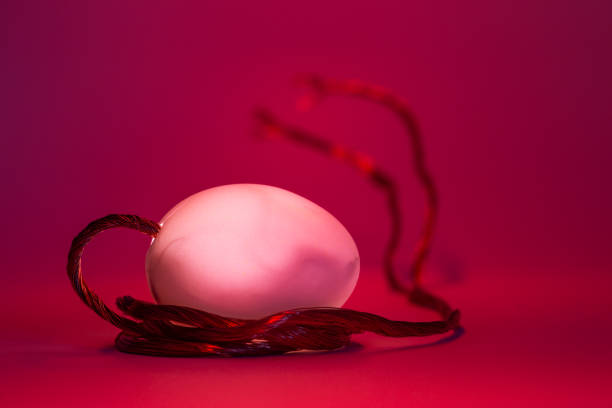 White egg with copper wire coming out on red illuminated background, concept of experiment hatching from an egg, abstract concept
