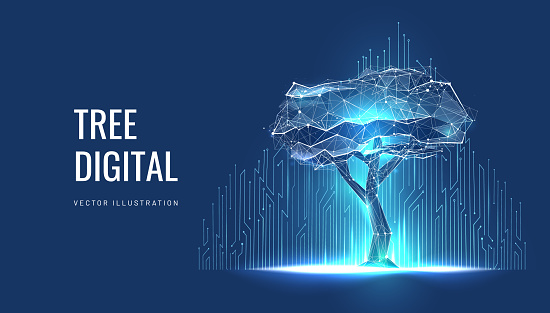 Green technology concept of digital environment in futuristic polygonal style. Glowing neon tree on the background of circuit board. Vector illustration of future tech growth and development