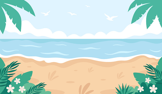 Tropical beach landscape. Hello summer, summer vacation. Ocean shore. Vector illustration