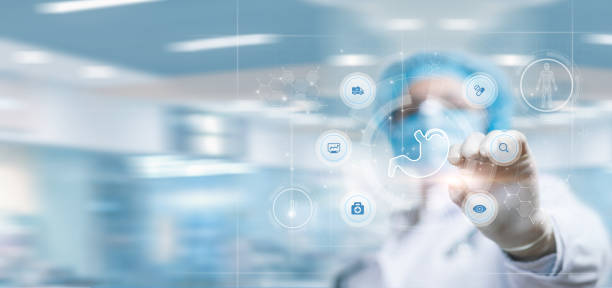 istock Doctor working on virtual screen with stomach diagnostics. 1397598670