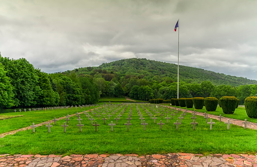 Vieil Armand or Hartmannsweiler Kopf cemetery in the Vosges mountains by cloudy day, Alsace, France