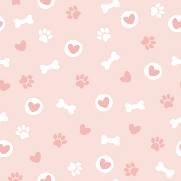 słodki bezszwowy wzór z łapą, kością i sercami. - heart shape pink background cartoon vector stock illustrations
