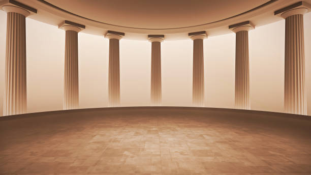 istock Front view of a minimal, ancient temple, virtual TV broadcast background. Ideal for history shows, documentaries, or educational events. 1397600994