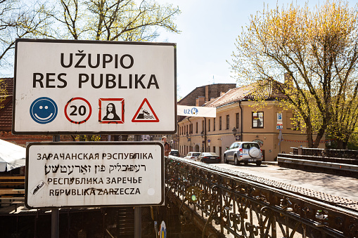 Vilnius, Lithuania - May 7, 2022: Republic of Uzupis Sign at Uzupis district in Vilnius, Lithuania.