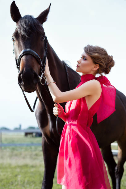 retrato de una encantadora joven con un vestido con un caballo. - couple sensuality embracing macho fotografías e imágenes de stock