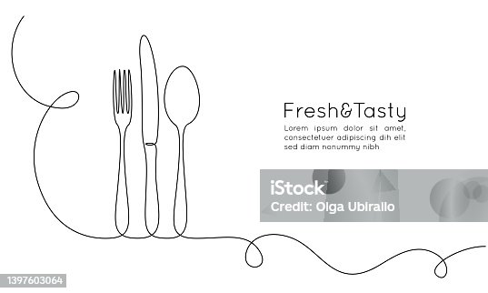 istock One continuous line drawing of food tools. Spoon fork and knife for decoration restoran menu ot banner in simple linear style. Hand drawn sign cafe. Editable stroke. Doodle vector illustration 1397603064
