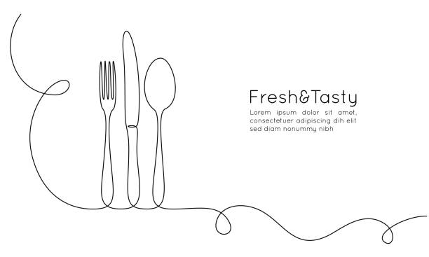 One continuous line drawing of food tools. Spoon fork and knife for decoration restoran menu ot banner in simple linear style. Hand drawn sign cafe. Editable stroke. Doodle vector illustration One continuous line drawing of food tools. Spoon fork and knife for decoration restoran menu ot banner in simple linear style. Hand drawn sign cafe. Editable stroke. Doodle vector illustration. dinner stock illustrations