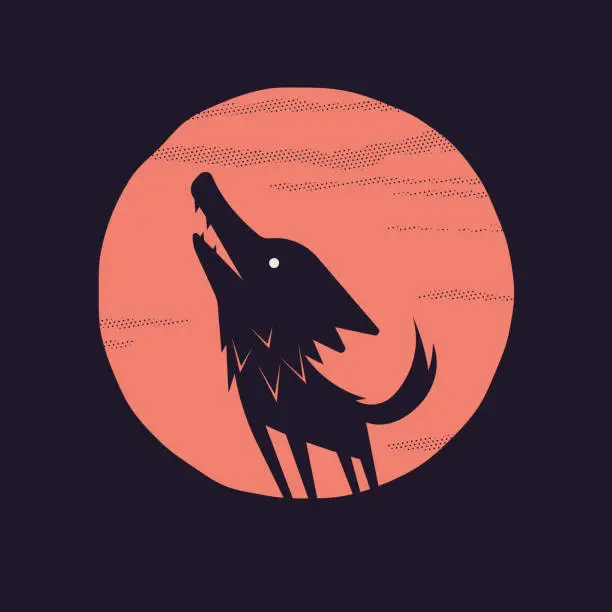 Vector illustration of illustration of a black cartoon wolf howling at the moon