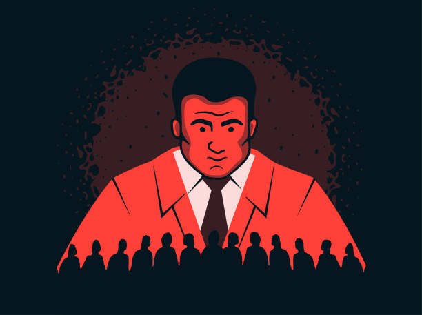 A man looking at the crowd from above, a symbol of totalitarianism, dictatorship, Machiavellianism. A symbol of an authoritarian regime. A man looking at the crowd from above, a symbol of totalitarianism, dictatorship, Machiavellianism. A symbol of an authoritarian regime. exploitation stock illustrations