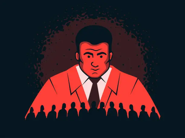 Vector illustration of A man looking at the crowd from above, a symbol of totalitarianism, dictatorship, Machiavellianism. A symbol of an authoritarian regime.