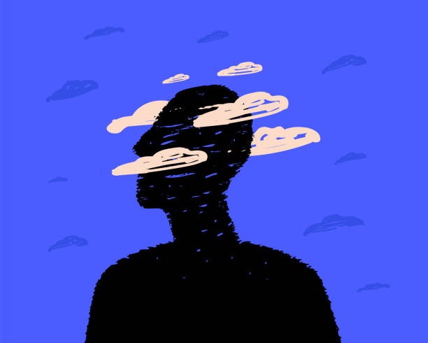 A black silhouette of a head surrounded by clouds, a symbol of postcovid syndrome, brain fog. A black silhouette of a head surrounded by clouds, a symbol of postcovid syndrome, brain fog. exhaustion stock illustrations