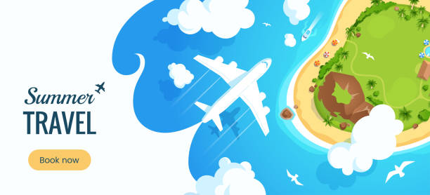 sommerferien-banner-design. farbenfroher hintergrund mit draufsicht auf eine tropische insel und ein fliegendes flugzeug. vorlage für reiseangebote. gutschein mit sommerdekoration. vector eps 10. - tropical climate airplane island hawaii islands stock-grafiken, -clipart, -cartoons und -symbole