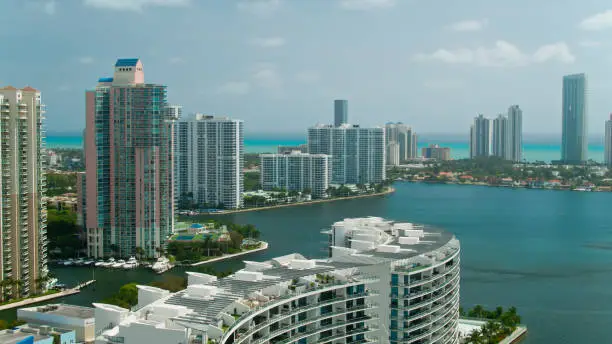 Aerial view of modern condo towers in Aventura, Florida on a bright sunny day