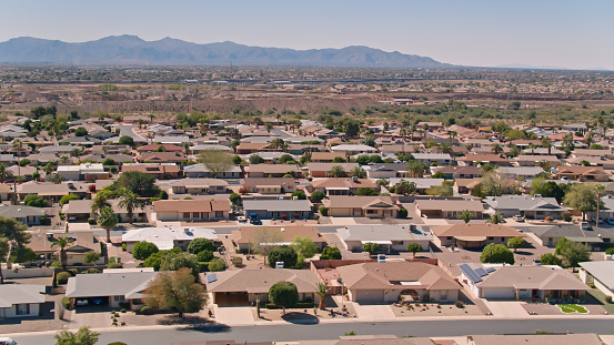 Aerial shot of Sun City, an age restricted community in the metropolitan area of Phoenix, Arizona on a clear sunny day.