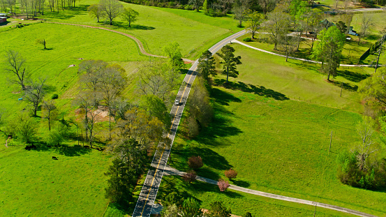 Aerial shot of scenery near Center Point, Georgia on a clear sunny day. Center Point is an unincorporated community in Carroll County, just outside Temple, Georgia