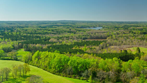 Aerial shot of scenery near Center Point, Georgia on a clear sunny day. Center Point is an unincorporated community in Carroll County, just outside Temple, Georgia