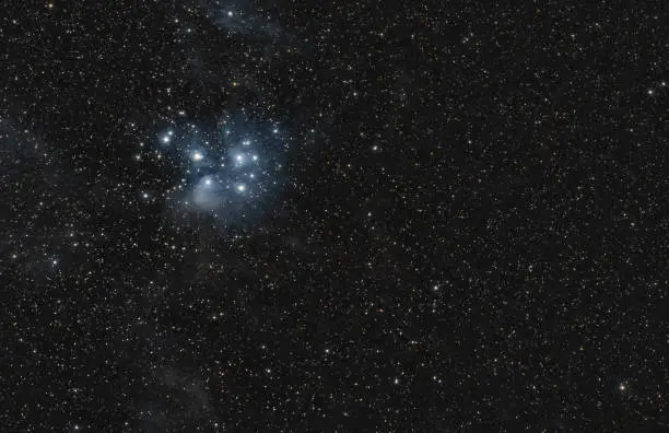Photo of The Pleiades or Seven Sisters M45 and their reflection nebulae on the night sky