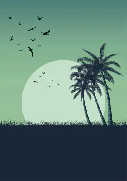 Vector illustration of Summer Tropical Sunset Sunrise With Beach Palm Trees