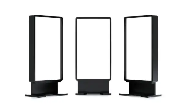 Blank mock up vertical billboard or LCD screen floor stand, advertising concept, 3D rendering.