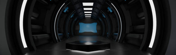 istock Pentagon podium in spaceship or space station interior Sci Fi tunnel, Banner header for Website,  3D rendering. 1397610130