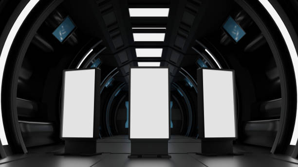 istock Blank mock up vertical billboard or LCD screen floor stand in spaceship or space station interior, Sci Fi tunnel, 3D rendering. 1397610137