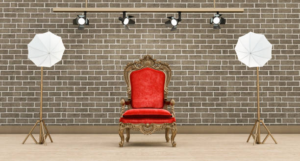 부드러운 상자 빛과 안락 의자, 현대 인테리어 및 조명 장비를 갖춘 사진 스튜디오 벽돌 벽 배경, - baroque style flash 뉴스 사진 이미지