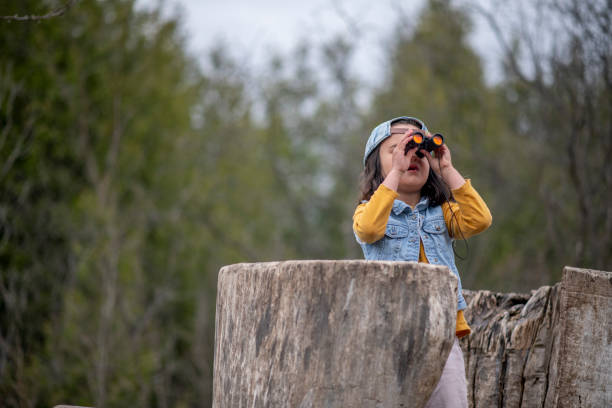 Little girl using binoculars in the forest. Exploring the world. Outdoors activities. Bird watching