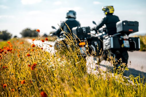 Two male adventure touring motorcycle riders seen on the road in magnificent nature with grass and flowers in a focus during one sunny weekend afternoon.