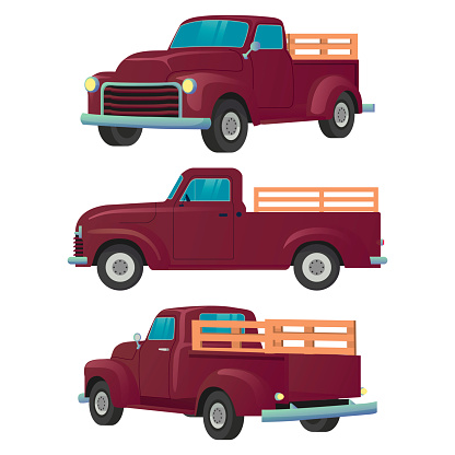 Farmer Vintage Truck Front, Side, and Back View Vector Illustration