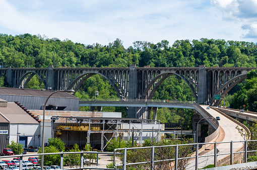 East Pittsburgh, Pennsylvania, USA May 14, 2022 Braddock Avenue, the Tri Boro Expressway leading up to the George Westinghouse Bridge on a sunny spring day