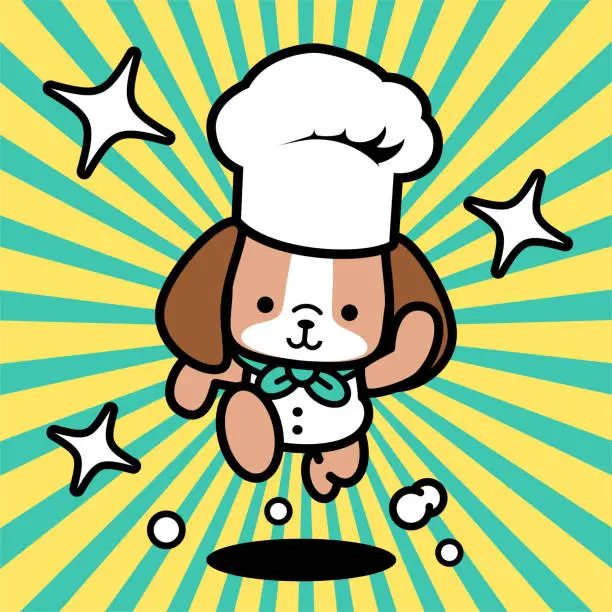 Vector illustration of A cute dog chef wearing a chef's hat is running toward the camera