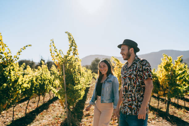 Couple visiting an organic vineyard
