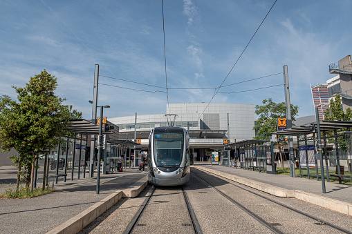 Toulouse, France. 2022 May 02 . Station and train outside at Toulouse Blagnac Airport in France in the summer of 2022.