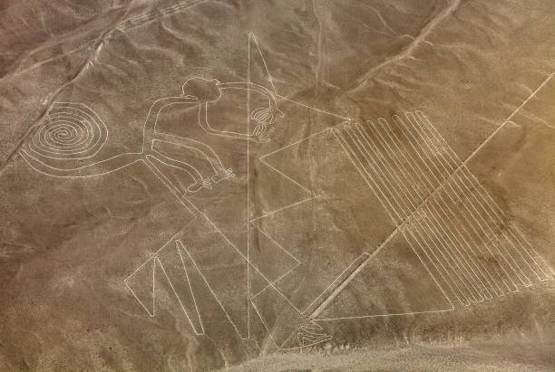 Monkey geoglyph, Nazca or Nasca mysterious lines stock photo