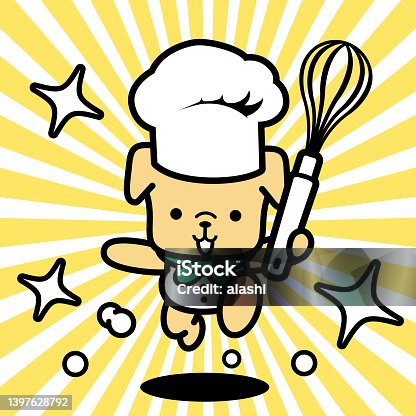 istock A cute dog chef wearing a chef's hat is holding an egg beater and running toward the camera 1397628792