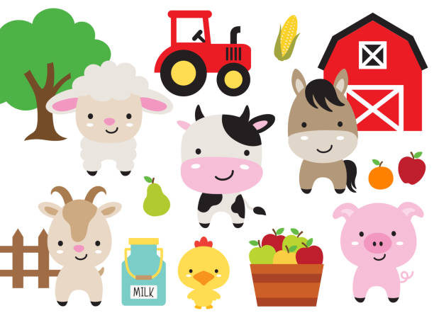Cute Farm Barn Animals Vector Illustration Cute farm animals vector illustration set including a cow, sheep, horse, goat, pig, and chicken. cow clipart stock illustrations